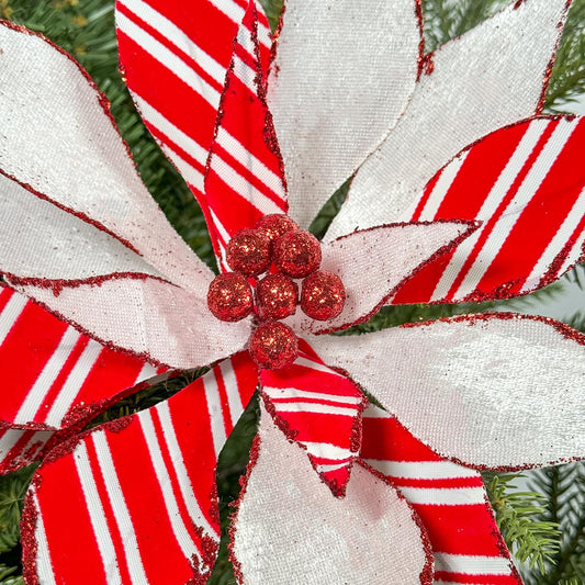 22 Inch Red White Stripe Poinsettia Stem - Christmas Place