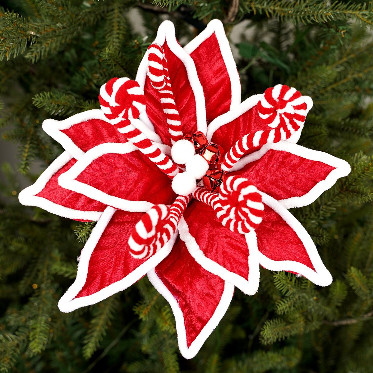 22IN RED WHITE PEPPERMINT POINSETTIA - Christmas Place