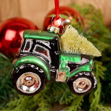2.5Inch Glass Green Tractor Ornament - Christmas Place