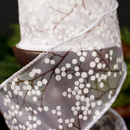 2.5Inch White Natural Glitter Berry Spray Ribbon - Christmas Place