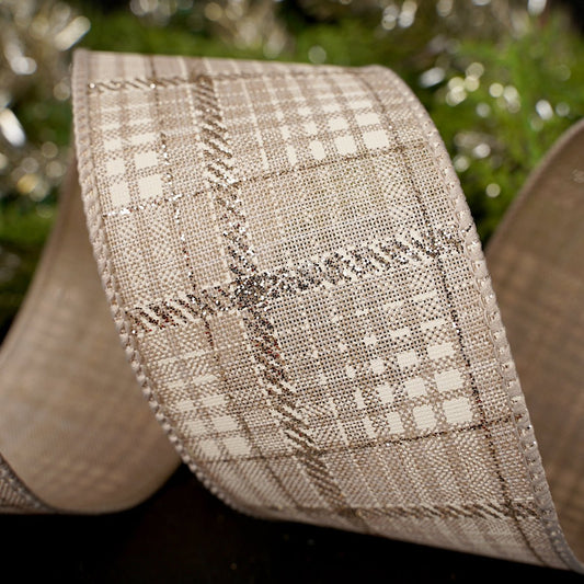 2.5Inch Champagne Natural Glitter Plaid Ribbon - Christmas Place