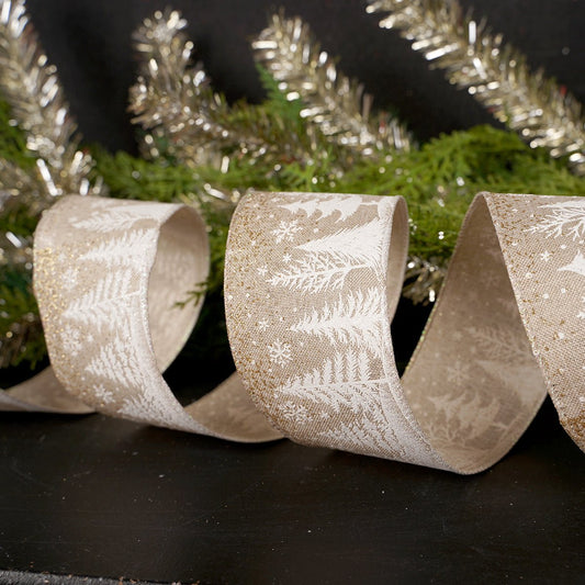 2.5Inch Natural White Snow trees Ribbon - Christmas Place