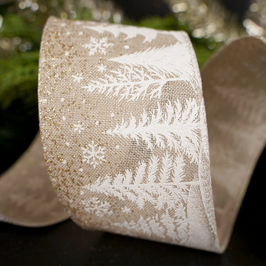 2.5Inch Natural White Snow trees Ribbon - Christmas Place