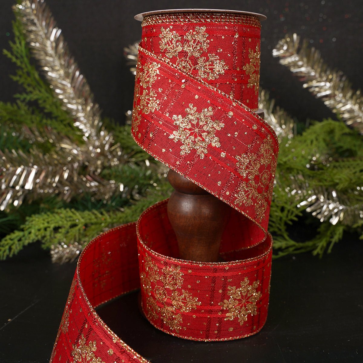 2.5Inch Red Gold Snowflake Glitter Ribbon - Christmas Place