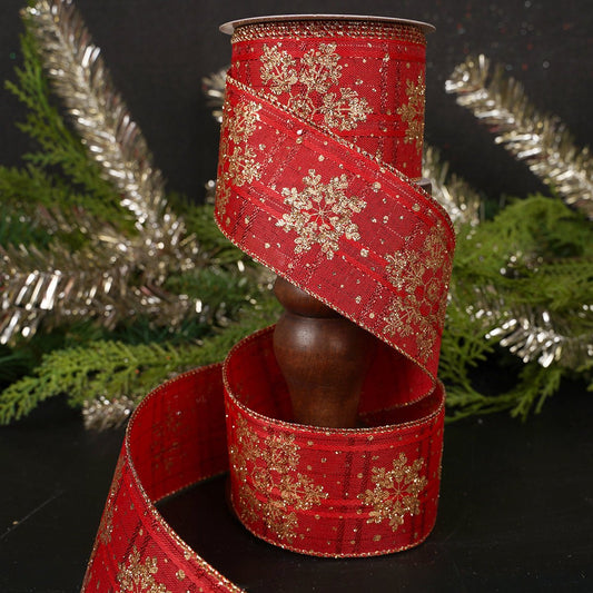 2.5Inch Red Gold Snowflake Glitter Ribbon - Christmas Place