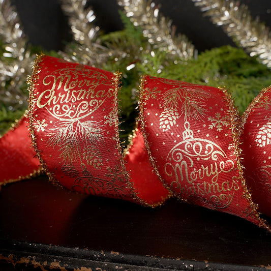 2.5Inch Red Gold Ornament With Tinsel Edge Ribbon - Christmas Place