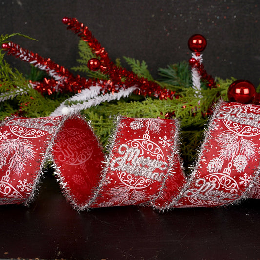 2.5Inch Red Silver Ornament Tinsel Edge Ribbon - Christmas Place