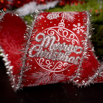 2.5Inch Red Silver Ornament Tinsel Edge Ribbon