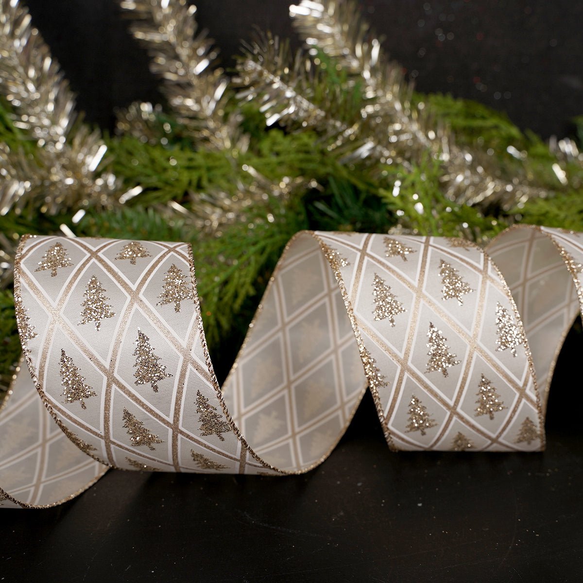 2.5Inch Platinum Glitter Tree Diamond Ribbon - Christmas Place