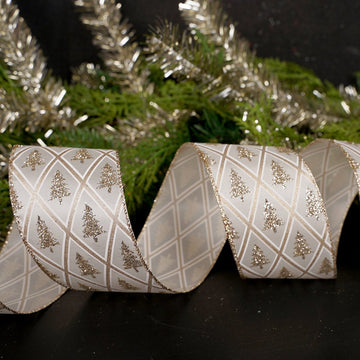 2.5Inch Platinum Glitter Tree Diamond Ribbon - Christmas Place