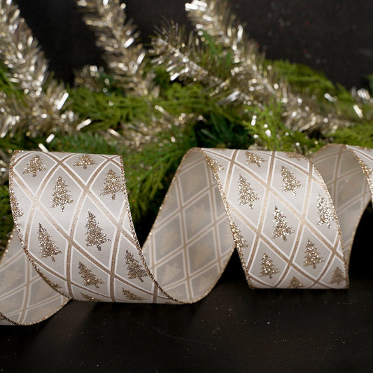 2.5Inch Platinum Glitter Tree Diamond Ribbon - Christmas Place
