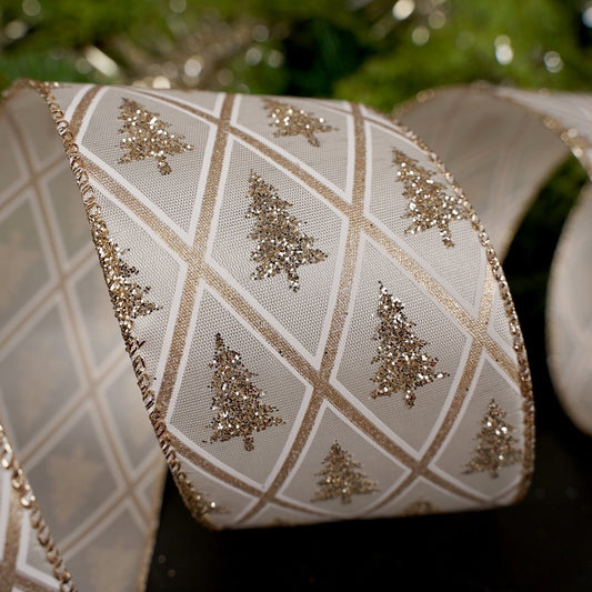 2.5Inch Platinum Glitter Tree Diamond Ribbon - Christmas Place