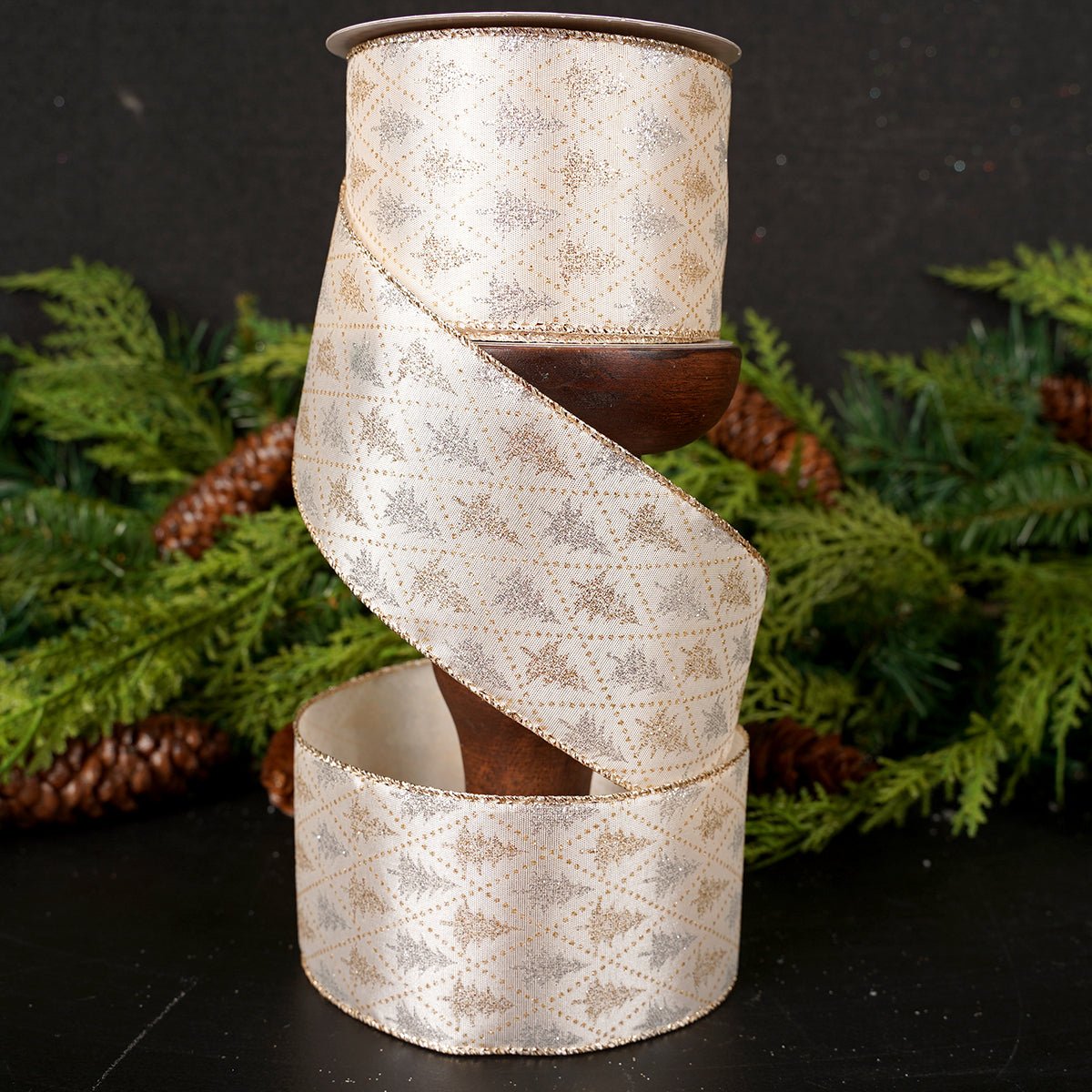 2.5Inch Champagne Platinum Glitter Tree Diamond Ribbon - Christmas Place
