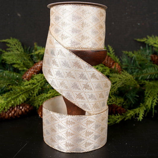 2.5Inch Champagne Platinum Glitter Tree Diamond Ribbon - Christmas Place