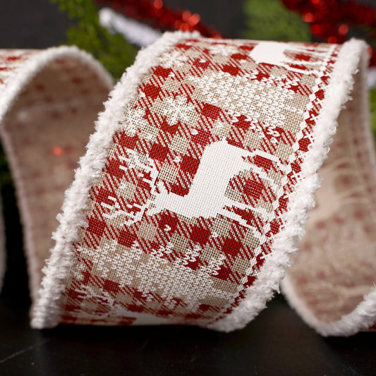 2.5Inch Red White Deer Tree Check Ribbon - Christmas Place