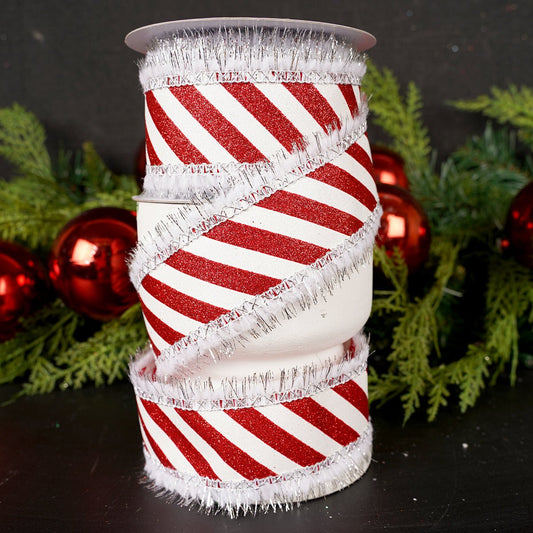 2.5Inch Red White Silver Stripe Tinsel Edge Ribbon - Christmas Place