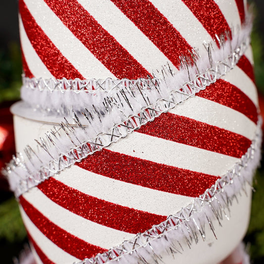 2.5Inch Red White Silver Stripe Tinsel Edge Ribbon - Christmas Place