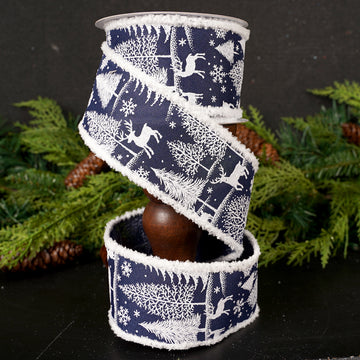 2.5Inch Navy White Snow Tree Deer Ribbon