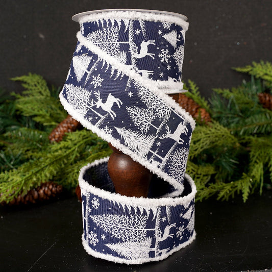 2.5Inch Navy White Snow Tree Deer Ribbon - Christmas Place