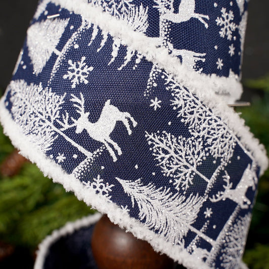 2.5Inch Navy White Snow Tree Deer Ribbon - Christmas Place