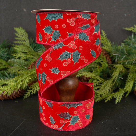 2.5Inch Red Green Velvet Holly Berry Ribbon - Christmas Place