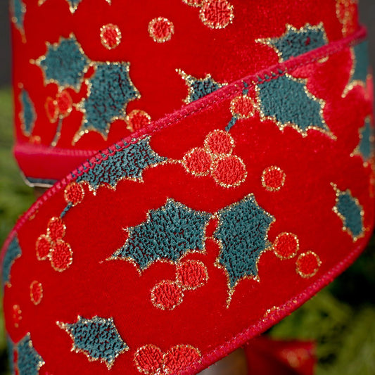 2.5Inch Red Green Velvet Holly Berry Ribbon - Christmas Place