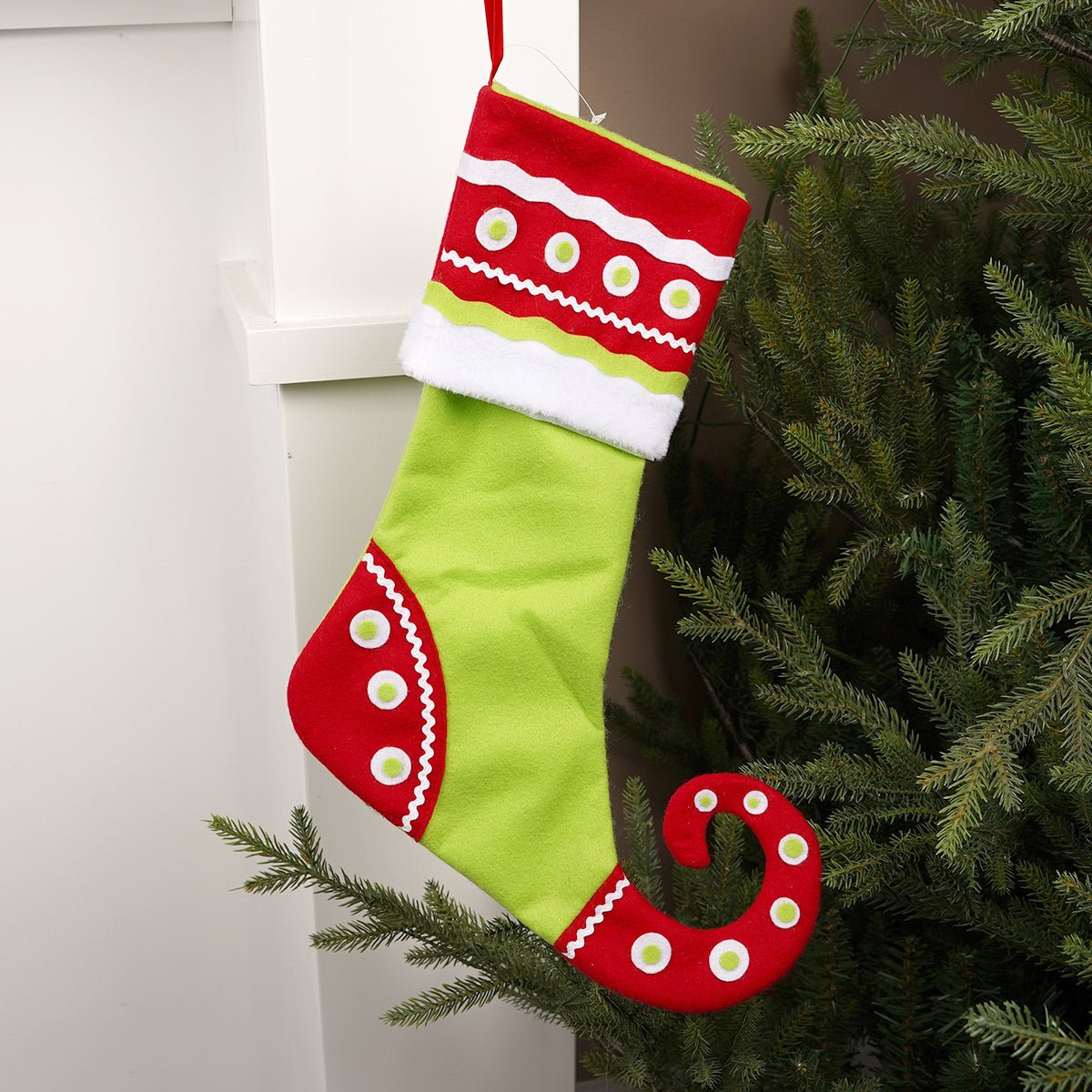17Inch Red White Green Elf Stocking - Christmas Place