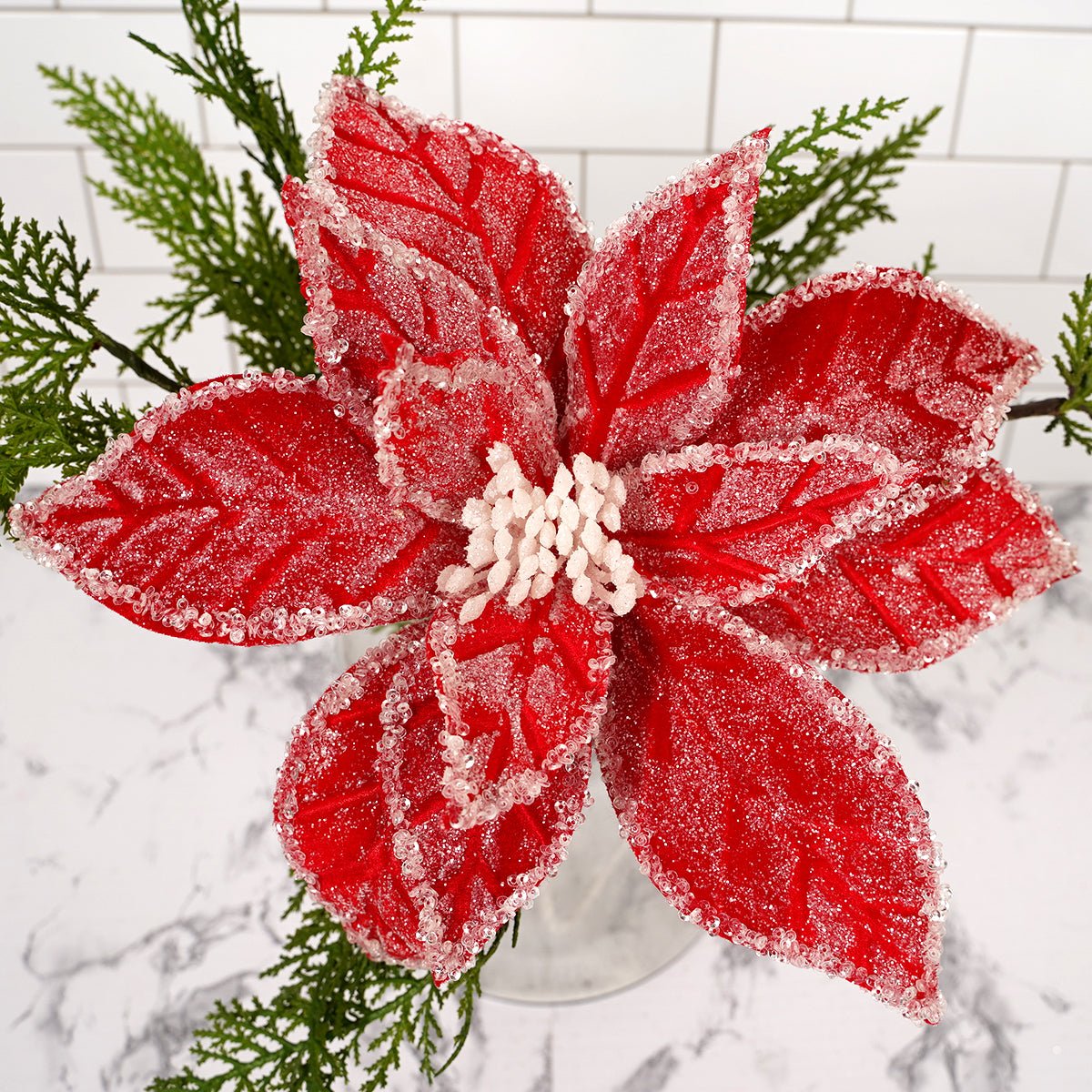 Red White Iced Poinsettia Christmas Decor - Christmas Place
