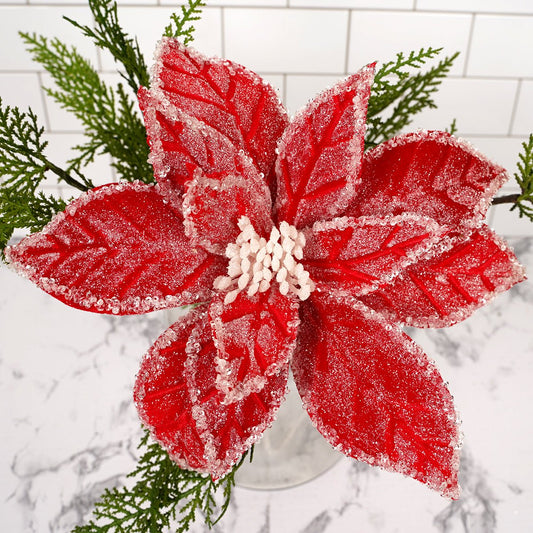 Red White Iced Poinsettia Christmas Decor - Christmas Place