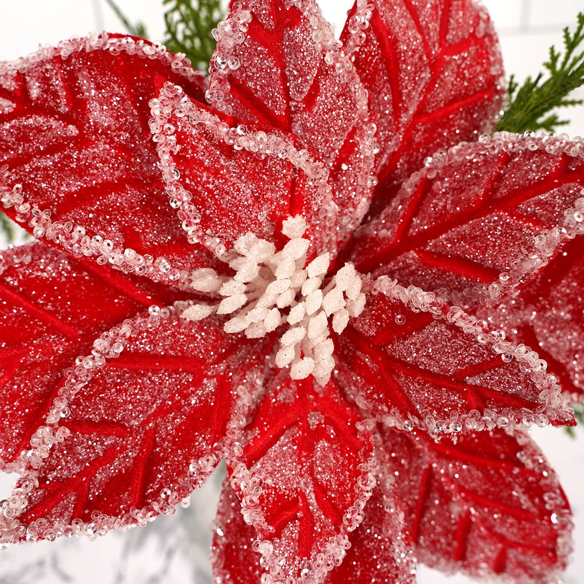 22 inches length Red White Iced Poinsettia Christmas Decor - Christmas Place