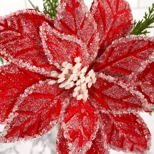22 inches length Red White Iced Poinsettia Christmas Decor - Christmas Place