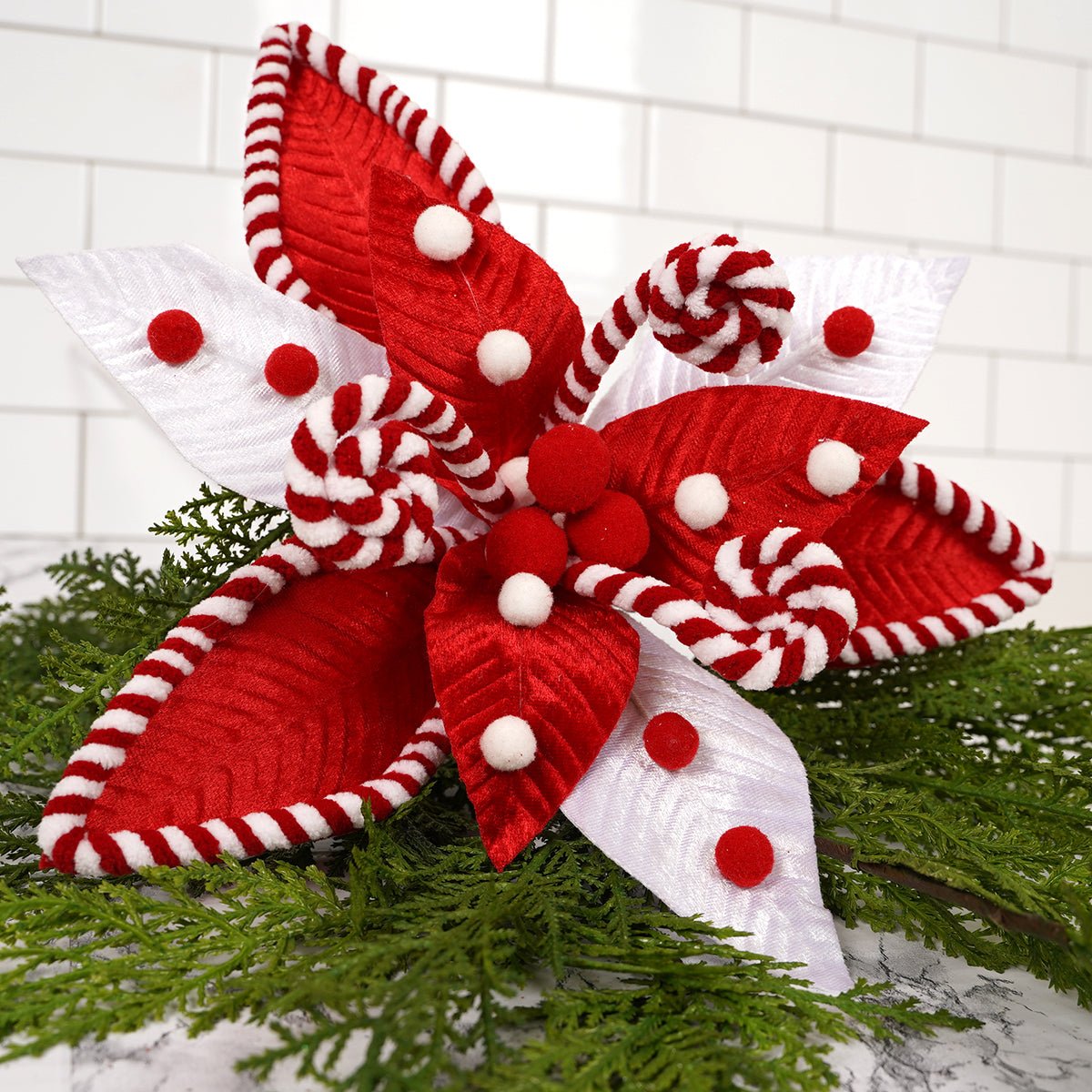 Red White Velvet Swirl Poinsettia - Christmas Place