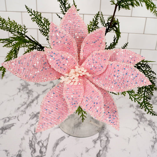 Pink Iridescent Poinsettia Stem - Christmas Place