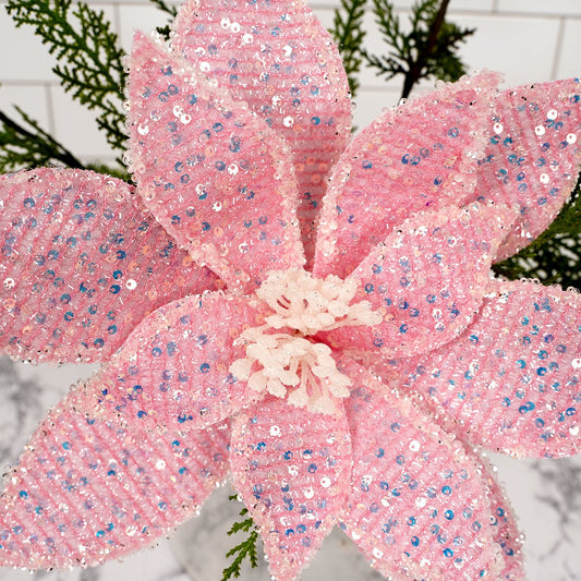 Pink Iridescent Poinsettia Stem - Christmas Place