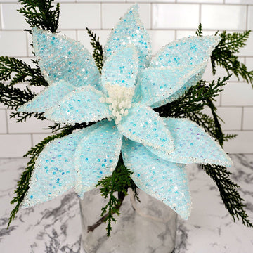 Blue Iridescent Poinsettia Stem - Christmas Place