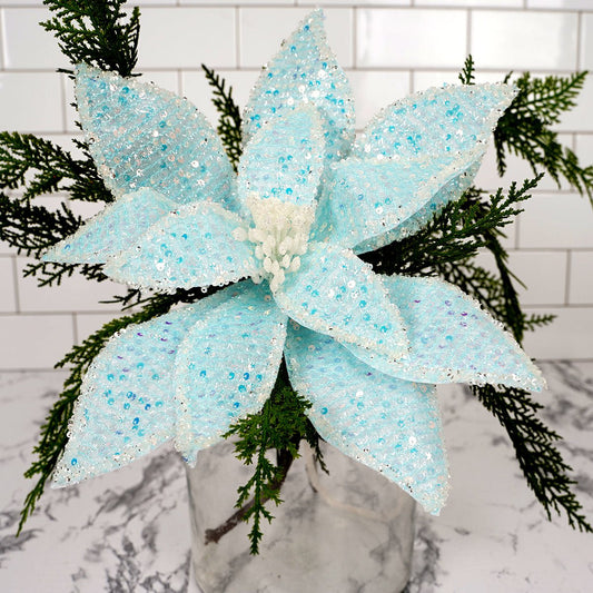Blue Iridescent Poinsettia Stem - Christmas Place