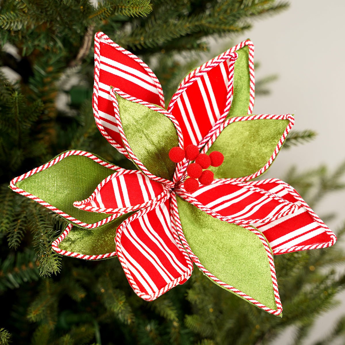 Red White Green Poinsettia Stem - Christmas Place