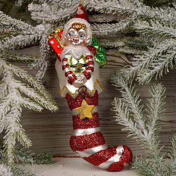 8.5Inch Glass Elf In Stocking Ornament - Christmas Place