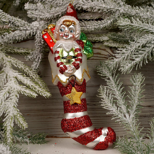 8.5Inch Glass Elf In Stocking Ornament - Christmas Place