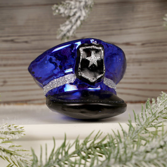 3IN GLASS BLUE POLICE HAT ORN - Christmas Place