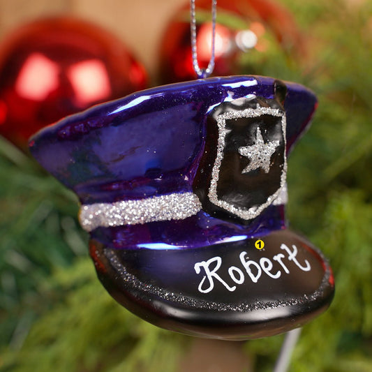 3Inch Glass Blue Police Officer Hat Ornament - Christmas Place