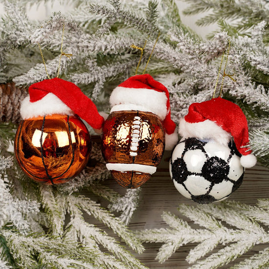 4IN GLASS SPORTS BALL WITH SANTA HAT ORN/3 - Christmas Place