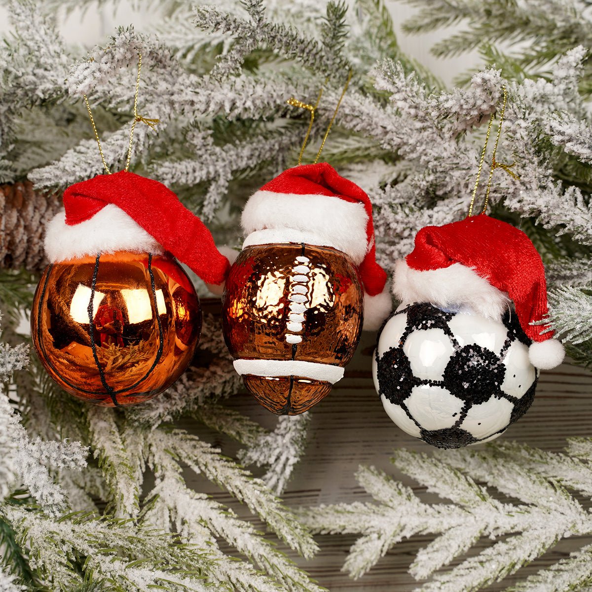 4IN GLASS SPORTS BALL WITH SANTA HAT ORN/3 - Christmas Place