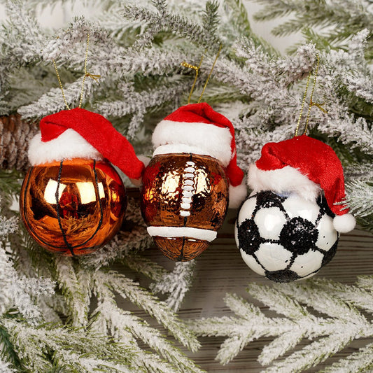 4IN GLASS SPORTS BALL WITH SANTA HAT ORN/3 - Christmas Place