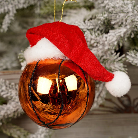 4IN GLASS SPORTS BALL WITH SANTA HAT ORN/3 - Christmas Place