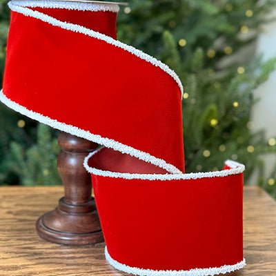 Red Velvet Ribbon with White Trim 4in x 10yd - Christmas Place