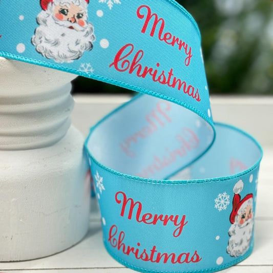 Blue Santa Merry Christmas Ribbon 2.5in x 10yd