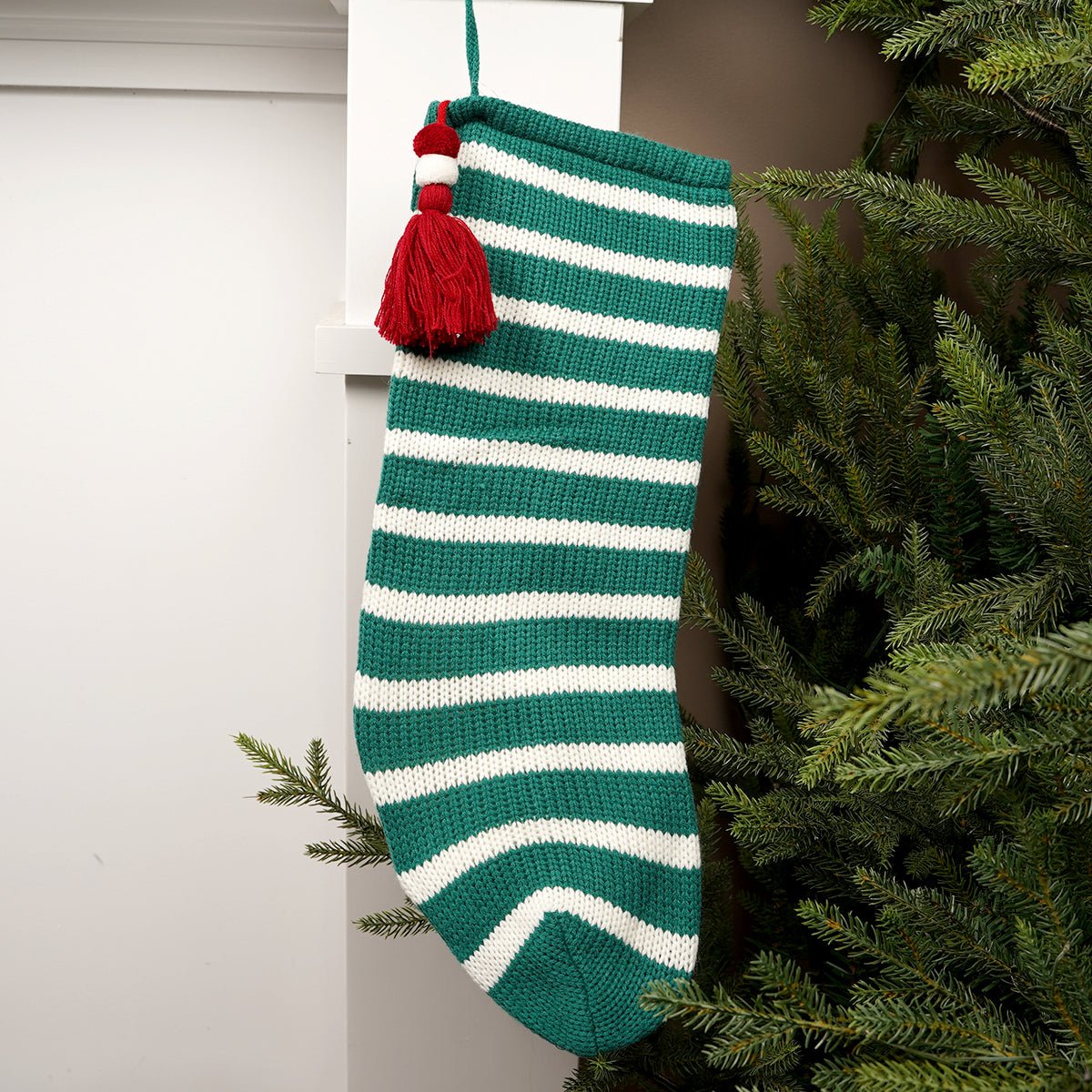 23Inch Green White Stripe Knit Stocking - Christmas Place