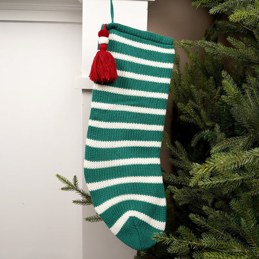 23Inch Green White Stripe Knit Stocking - Christmas Place