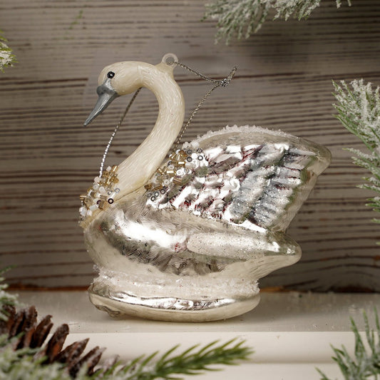 Glass and Silver Swan Christmas Ornament - Christmas Place